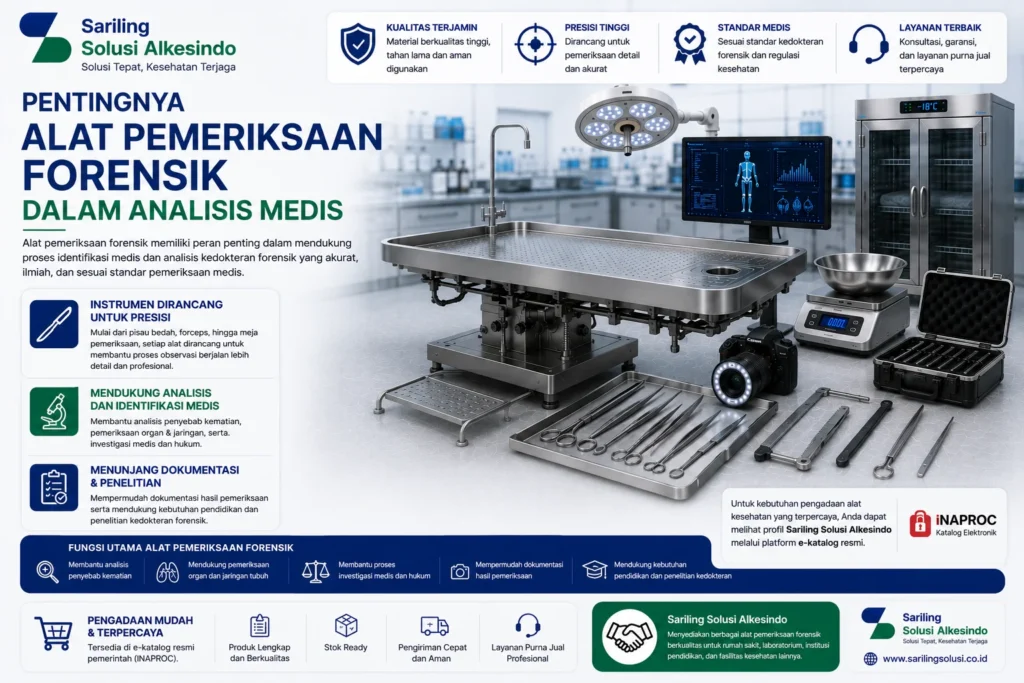 Pentingnya alat pemeriksaan forensik dalam analisis medis menggunakan pisau bedah forensik, forceps, meja pemeriksaan forensik, kamera dokumentasi, dan peralatan laboratorium untuk mendukung identifikasi medis, investigasi forensik, serta penelitian kedokteran.