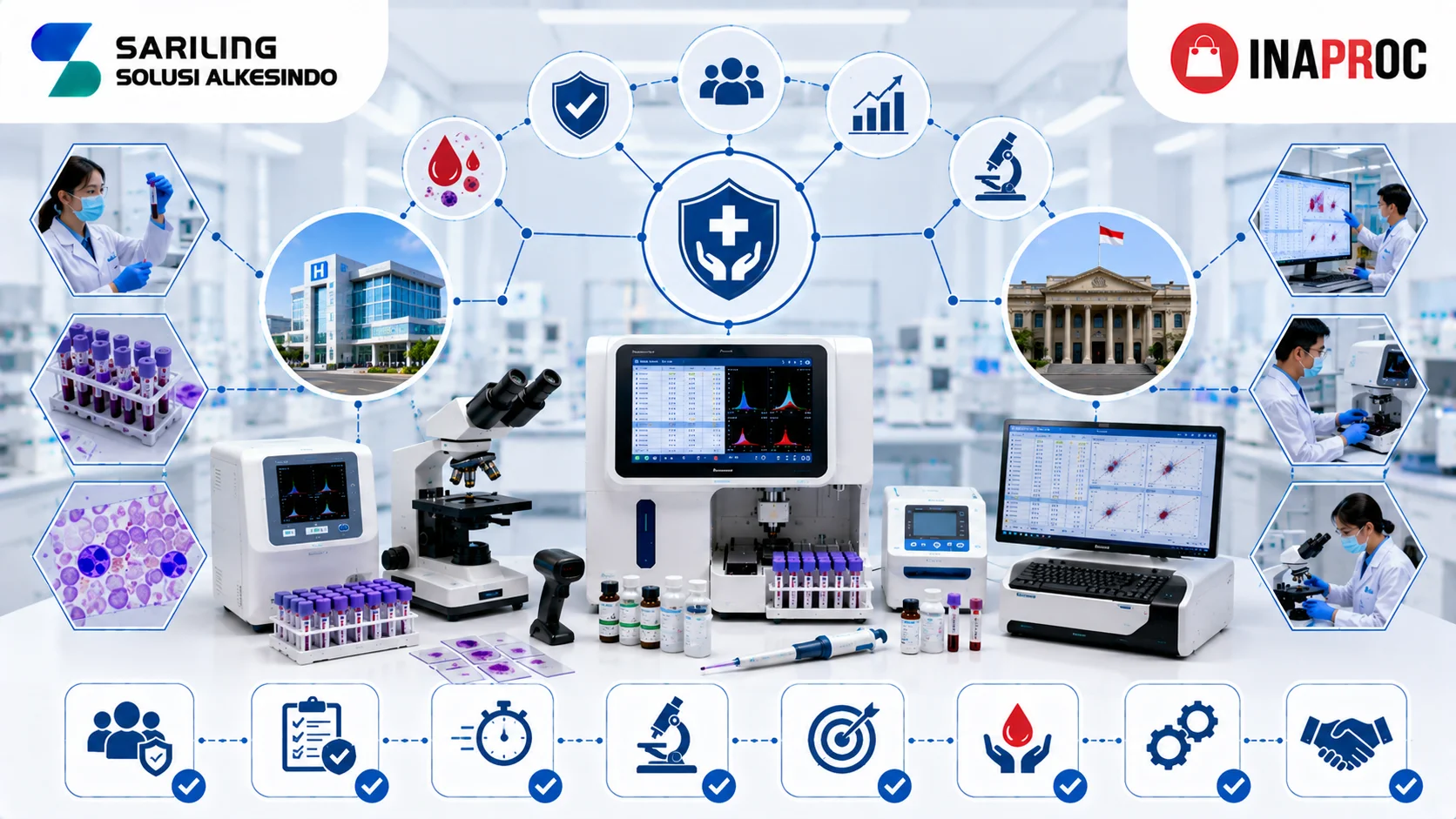 Ilustrasi berbagai jenis peralatan hematologi untuk rumah sakit dan instansi pemerintah yang menampilkan hematology analyzer, mikroskop laboratorium, sampel darah, perangkat diagnostik, tenaga laboratorium, logo Sariling Solusi Alkesindo, dan logo Inaproc dalam lingkungan laboratorium modern.