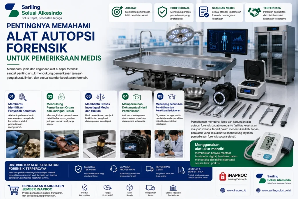 Pentingnya memahami alat autopsi forensik untuk pemeriksaan medis yang mencakup meja autopsi, instrumen bedah forensik, kamera dokumentasi, timbangan organ, dan peralatan laboratorium guna mendukung identifikasi penyebab kematian, investigasi medis, dokumentasi, serta penelitian kedokteran