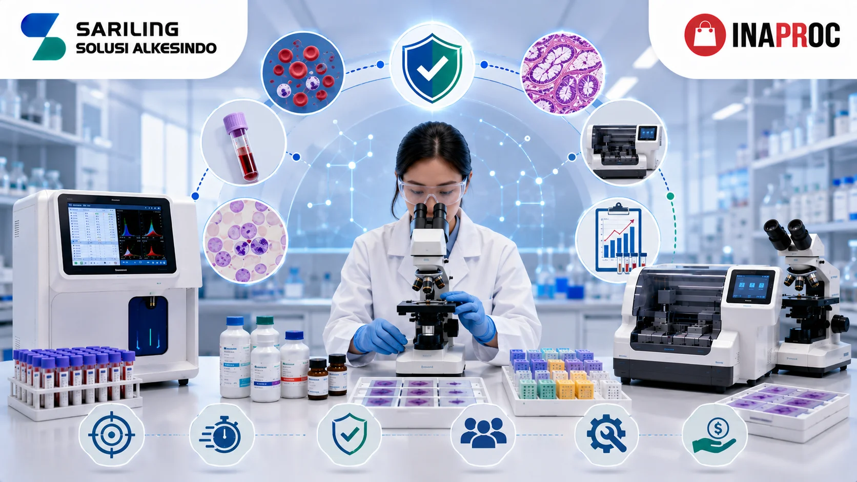 Ilustrasi pentingnya memahami fungsi peralatan hematologi dengan analyzer hematologi, mikroskop laboratorium, sampel darah, preparat pemeriksaan, reagen laboratorium, logo Sariling Solusi Alkesindo, dan logo Inaproc dalam laboratorium kesehatan modern.