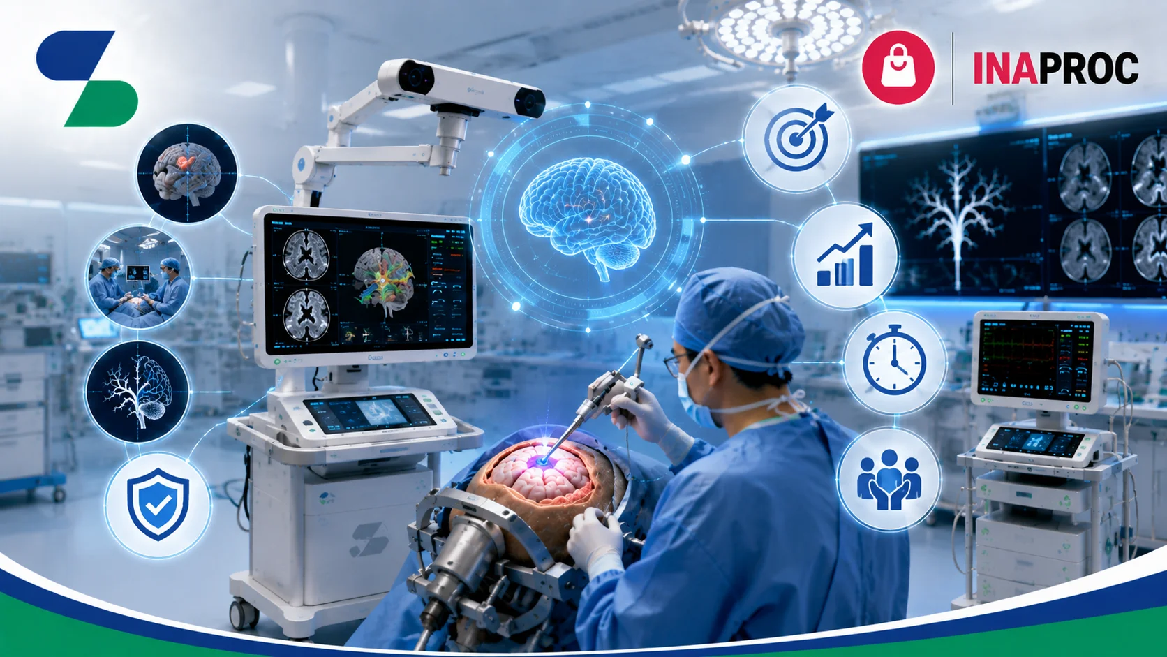 Ilustrasi teknologi neuronavigasi dalam bedah modern dengan sistem navigasi otak digital, dokter bedah saraf, ruang operasi canggih, logo Sariling Solusi Alkesindo di kiri atas, dan logo INAPROC di kanan atas