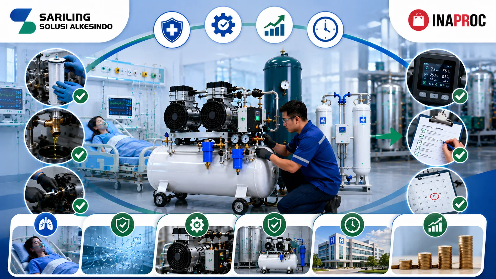 Pentingnya perawatan mesin kompresor medik secara berkala dengan ilustrasi teknisi melakukan maintenance kompresor udara medis, penggantian filter, pemeriksaan sistem, checklist inspeksi, logo Sariling Solusi Alkesindo, dan logo Inaproc