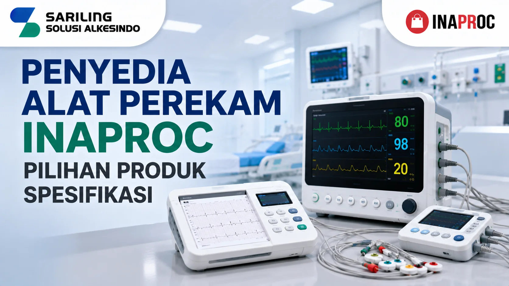 Penyedia Alat Perekam Inaproc Pilihan Produk Spesifikasi dengan ilustrasi alat perekam medis modern, patient monitor, perangkat ECG, logo Sariling Solusi Alkesindo, dan logo Inaproc di lingkungan rumah sakit profesional.