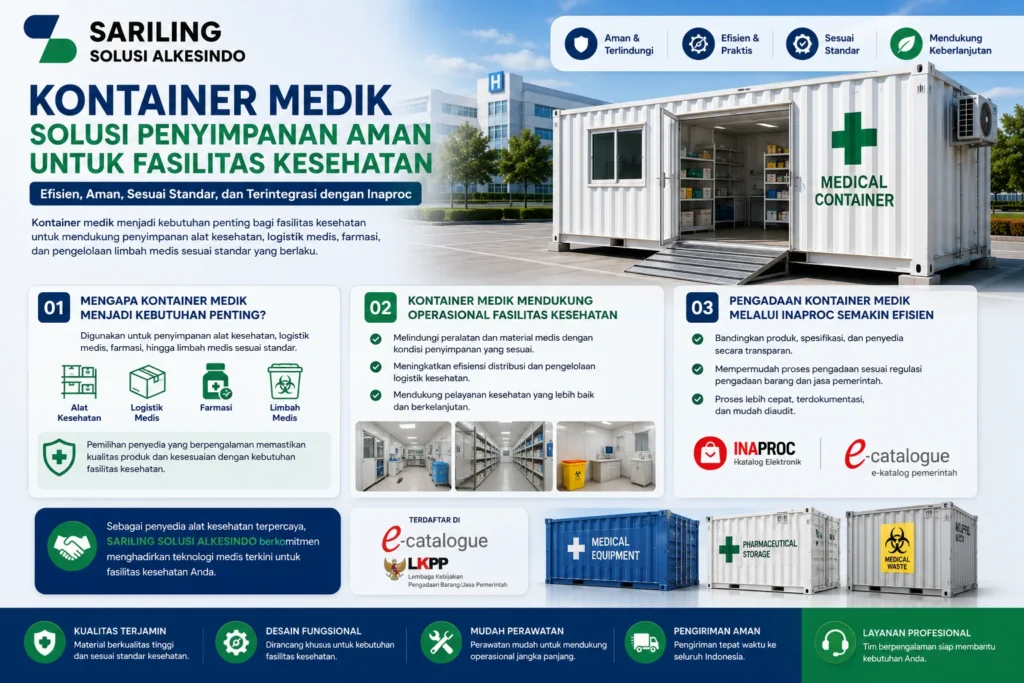 Penyedia Kontainer Medik Inaproc untuk fasilitas kesehatan yang mendukung penyimpanan alat kesehatan, logistik medis, farmasi, dan limbah medis sesuai standar kesehatan