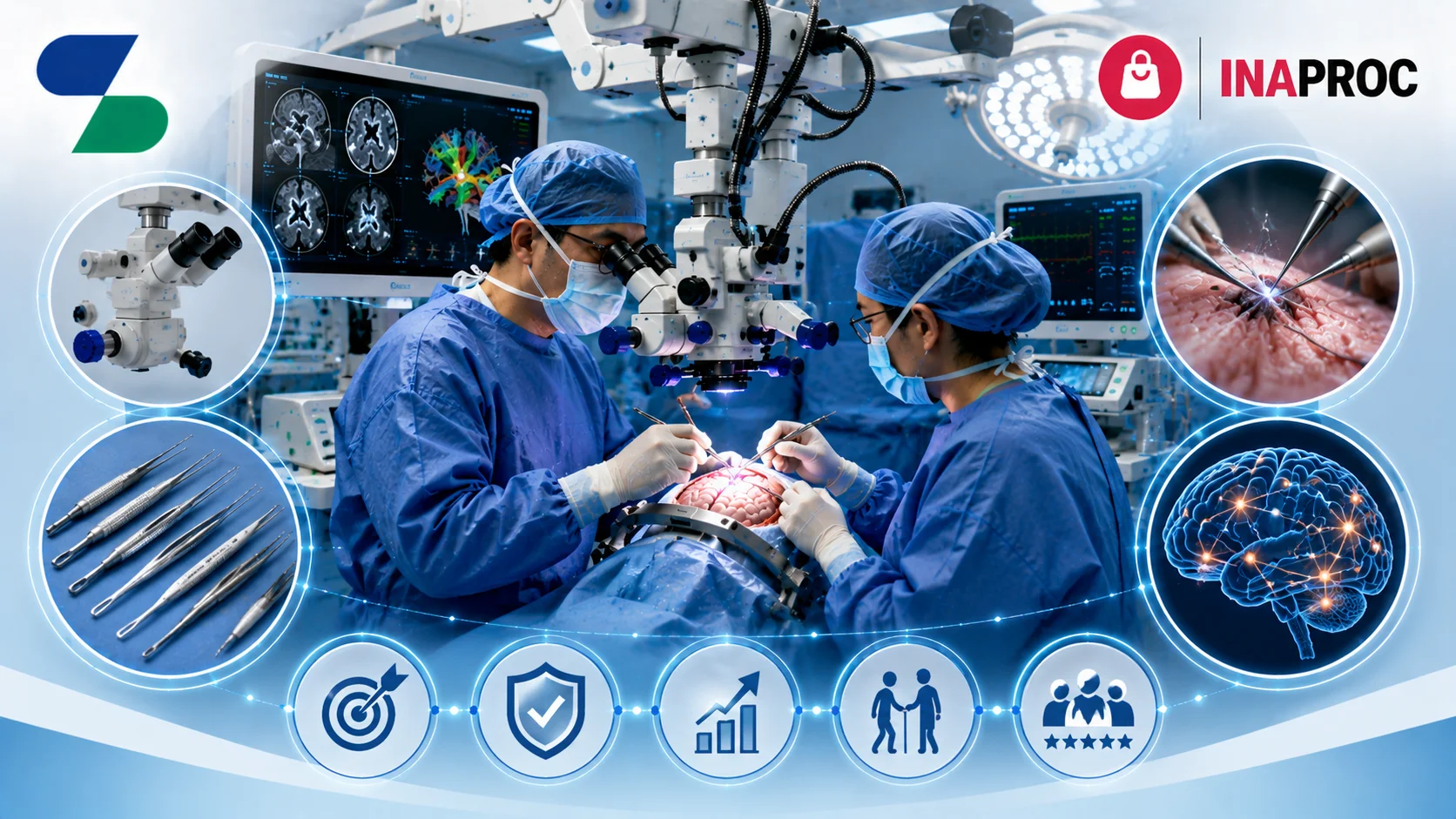 Ilustrasi dokter bedah menggunakan peralatan bedah mikro saraf dengan mikroskop operasi, instrumen presisi, dan teknologi pencitraan modern di ruang operasi, dilengkapi logo Sariling Solusi Alkesindo di kiri atas serta logo INAPROC di kanan atas
