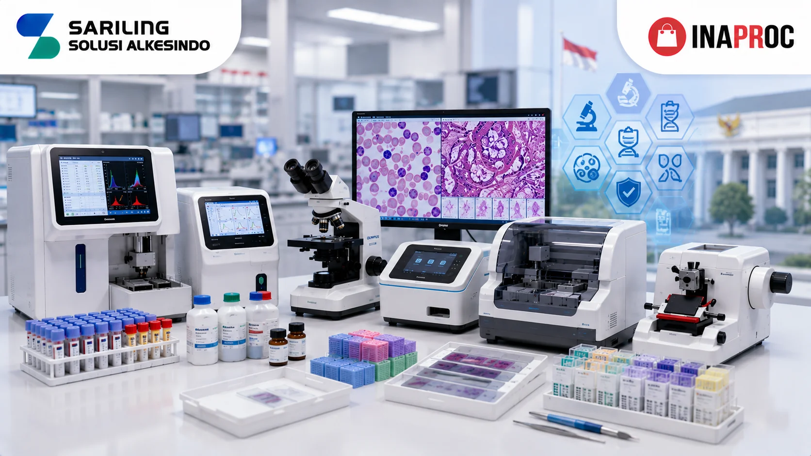 Ilustrasi peralatan hematologi dan patologi yang umum dibutuhkan di laboratorium modern, menampilkan analyzer hematologi, mikroskop digital, tissue processor, microtome, reagen laboratorium, preparat jaringan, logo Sariling Solusi Alkesindo, dan logo Inaproc.