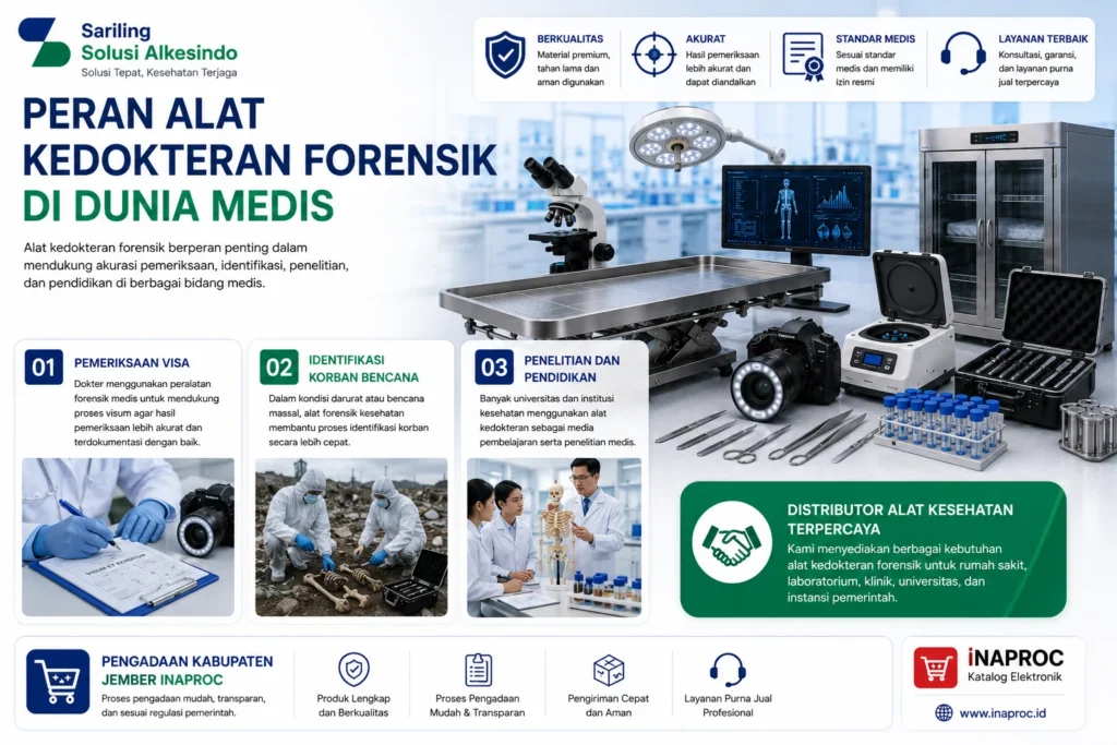 Peran alat kedokteran forensik di dunia medis untuk pemeriksaan visum, identifikasi korban bencana, penelitian, dan pendidikan menggunakan mikroskop forensik, meja autopsi, peralatan DNA, serta kamera dokumentasi forensik dari Sariling Solusi Alkesindo