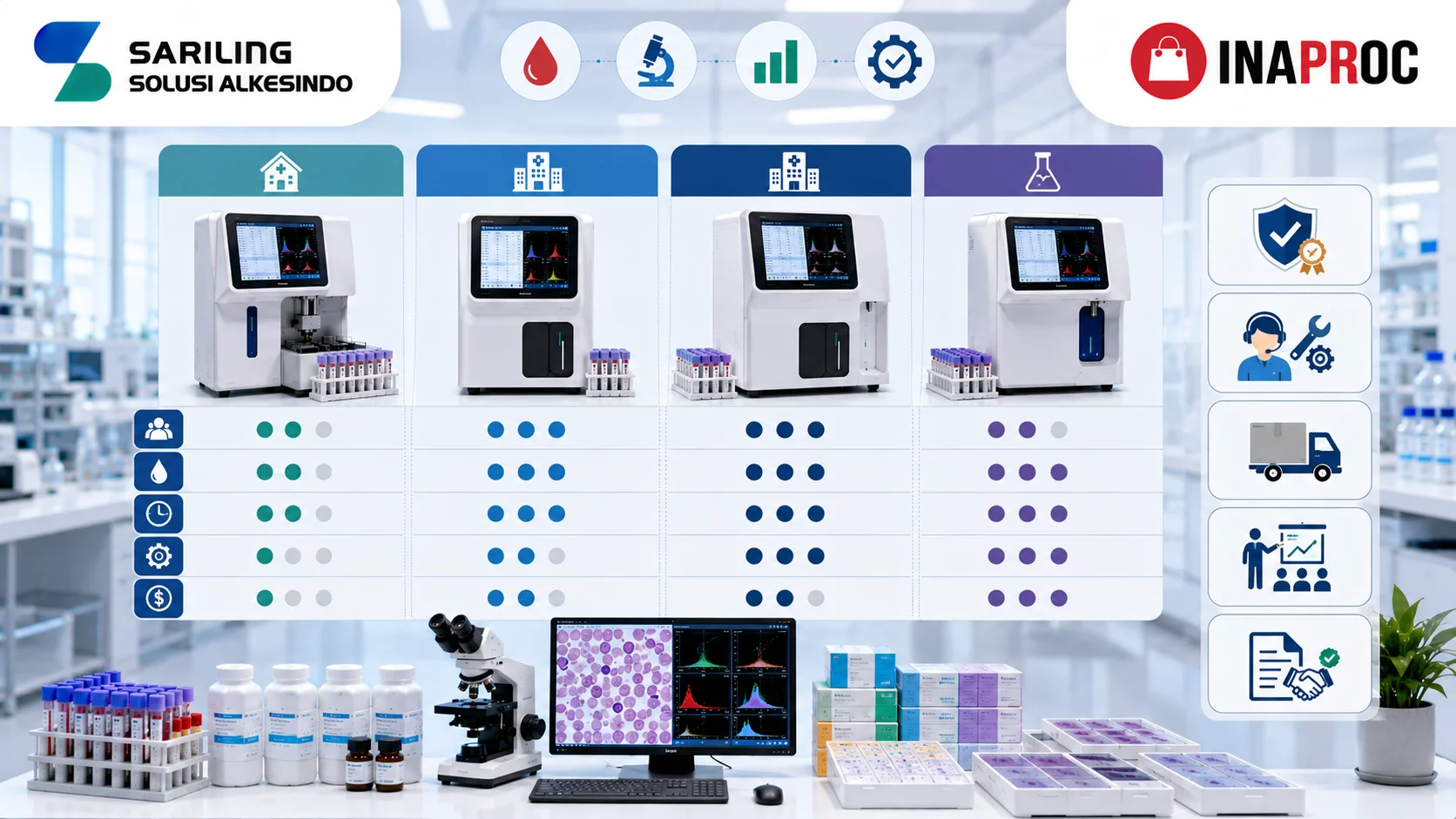 Ilustrasi perbandingan alat hematologi berdasarkan kebutuhan laboratorium yang menampilkan beberapa hematology analyzer, mikroskop laboratorium, reagen diagnostik, preparat sampel darah, logo Sariling Solusi Alkesindo, dan logo Inaproc di lingkungan laboratorium modern.