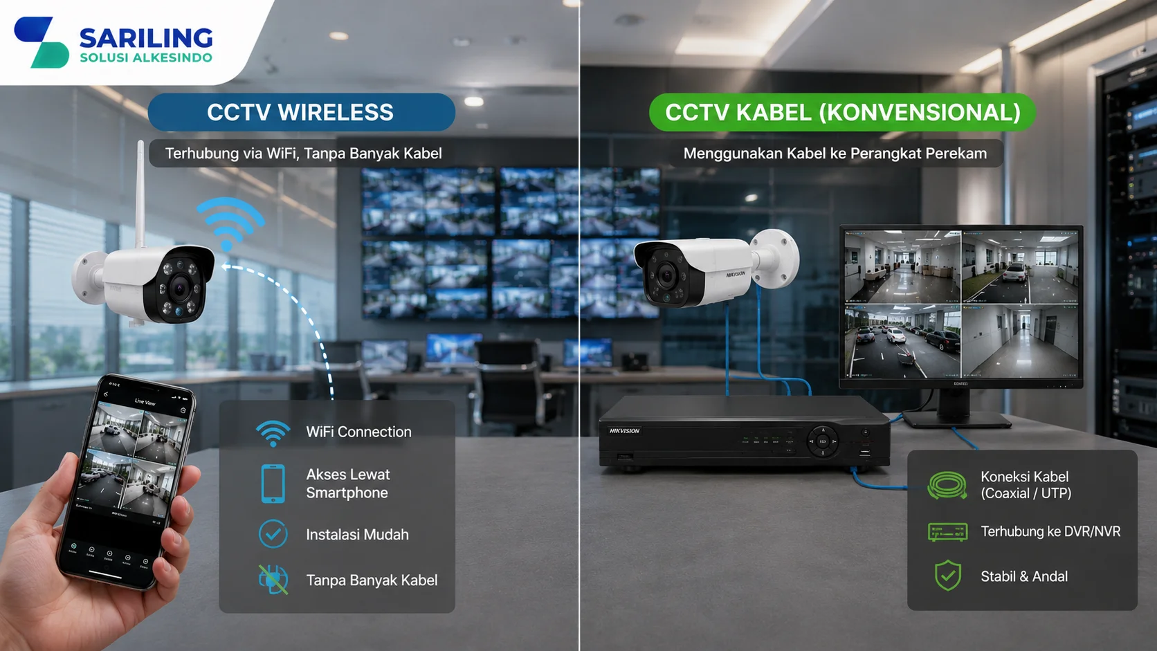 Foto realistis profesional yang menampilkan perbandingan CCTV wireless dan CCTV kabel konvensional.