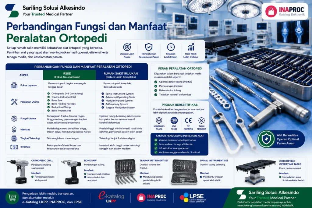 Perbandingan fungsi dan manfaat peralatan ortopedi untuk RSUD dan rumah sakit rujukan meliputi orthopedic drill, bone saw, trauma instrument set, spinal instrument set, dan orthopedic operating table