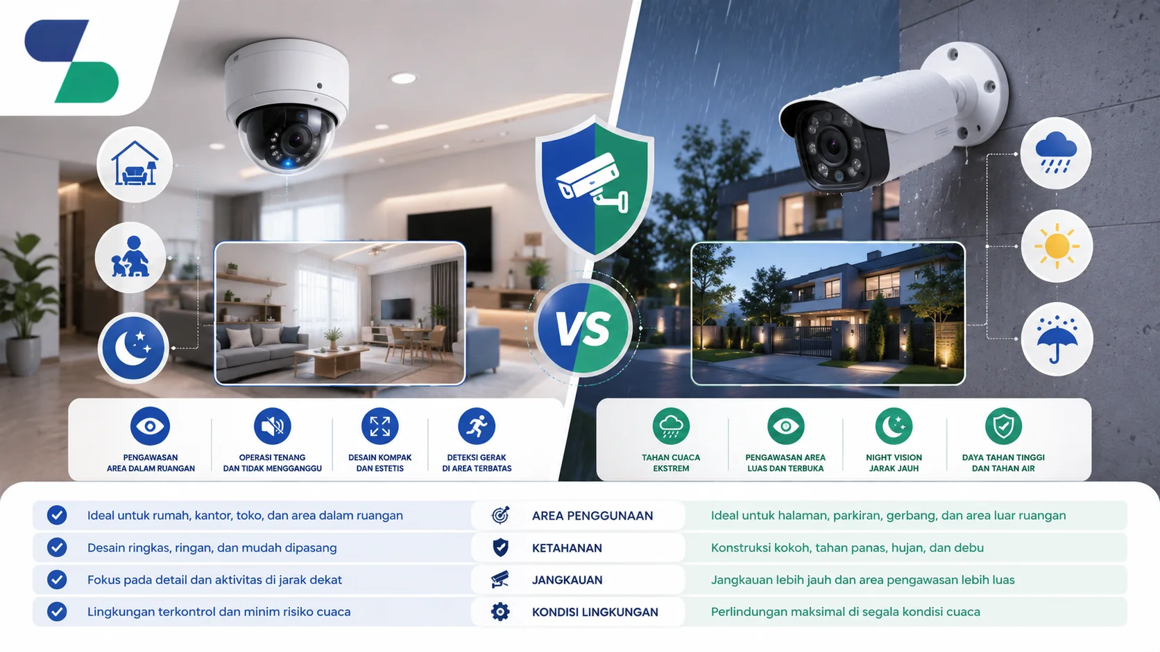 Ilustrasi perbandingan kamera CCTV indoor dan outdoor yang menampilkan kamera dome untuk penggunaan dalam ruangan serta kamera bullet tahan cuaca untuk area luar, lengkap dengan sistem pemantauan dan logo Sariling Solusi Alkesindo di pojok kiri atas.