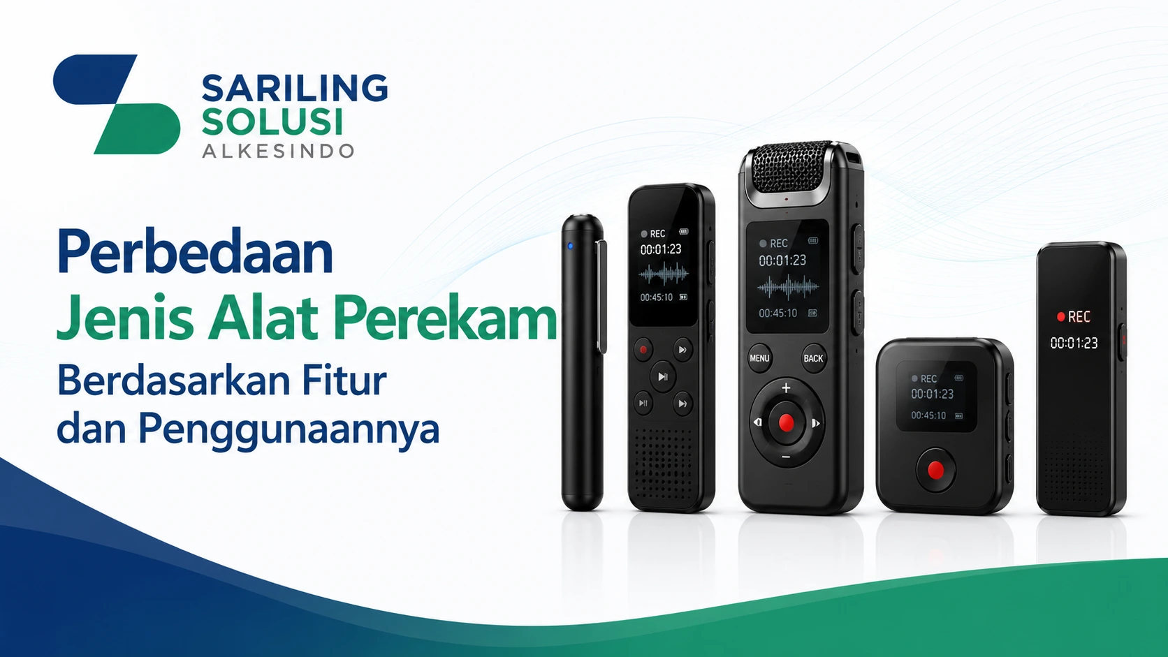 Perbedaan jenis alat perekam berdasarkan fitur dan penggunaannya dengan ilustrasi berbagai alat perekam digital serta logo Sariling Solusi Alkesindo