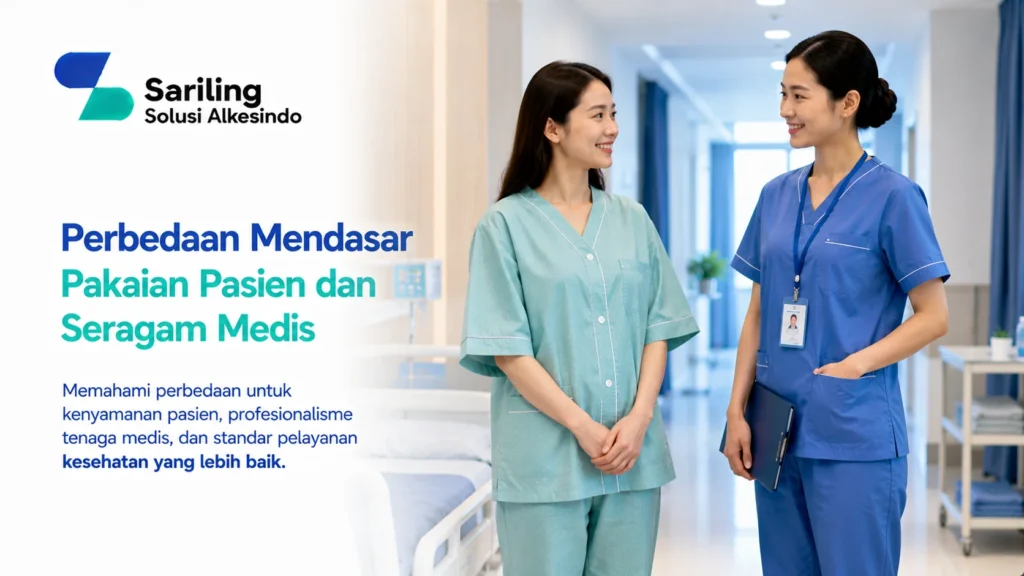 Perbedaan mendasar pakaian pasien dan seragam medis di fasilitas kesehatan dengan logo Sariling Solusi Alkesindo