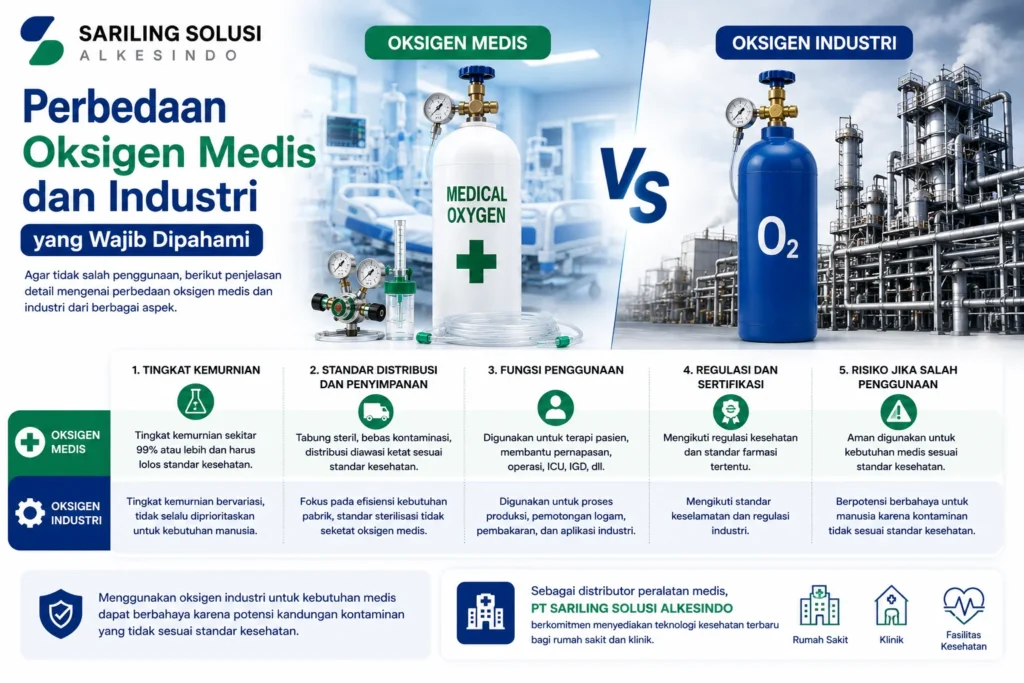 Perbedaan oksigen medis dan industri berdasarkan tingkat kemurnian, standar distribusi, fungsi penggunaan, regulasi, dan risiko salah penggunaan.