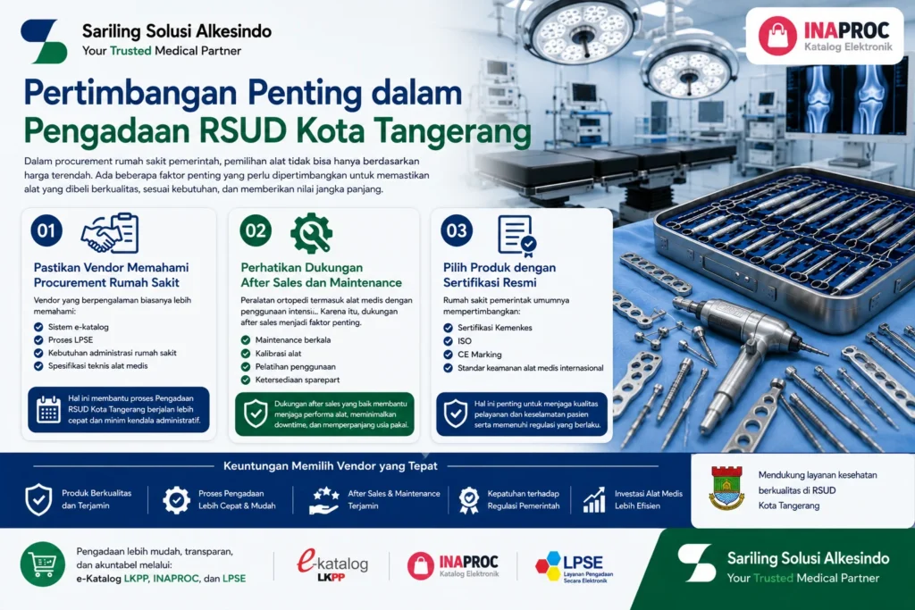 Pertimbangan penting dalam Pengadaan RSUD Kota Tangerang meliputi pemilihan vendor berpengalaman, layanan after sales, maintenance, dan sertifikasi peralatan ortopedi bedah