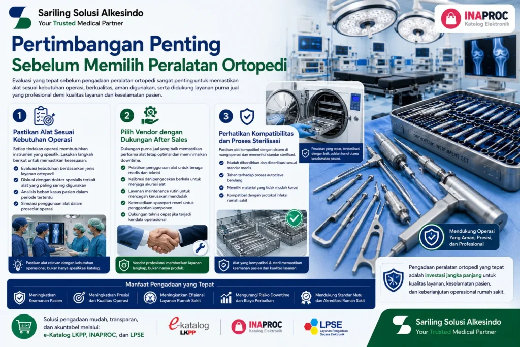 Pertimbangan penting sebelum memilih peralatan ortopedi rumah sakit meliputi kebutuhan operasi, dukungan after sales, kompatibilitas alat, dan proses sterilisasi
