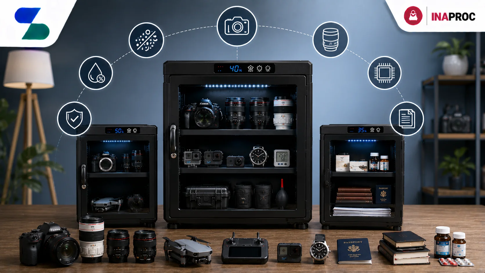Ilustrasi berbagai pilihan dry box dan dry cabinet untuk perlindungan penyimpanan maksimal, menampilkan kamera, lensa, drone, jam tangan, dokumen, obat-obatan, serta perangkat elektronik yang tersimpan aman dengan kontrol kelembapan, dilengkapi logo Sariling Solusi Alkesindo di kiri atas dan logo INAPROC di kanan atas.