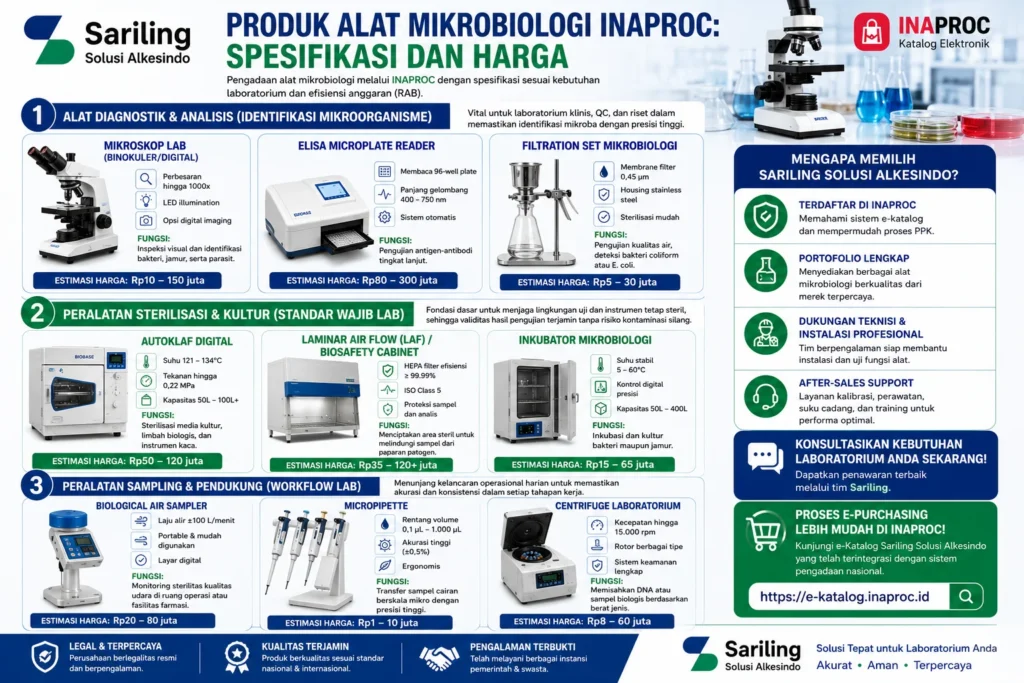 Produk alat mikrobiologi Inaproc beserta spesifikasi dan harga dari Sariling Solusi Alkesindo meliputi mikroskop laboratorium, ELISA microplate reader, filtration set mikrobiologi, autoklaf digital, laminar air flow, inkubator mikrobiologi, biological air sampler, micropipette, dan centrifuge laboratorium.