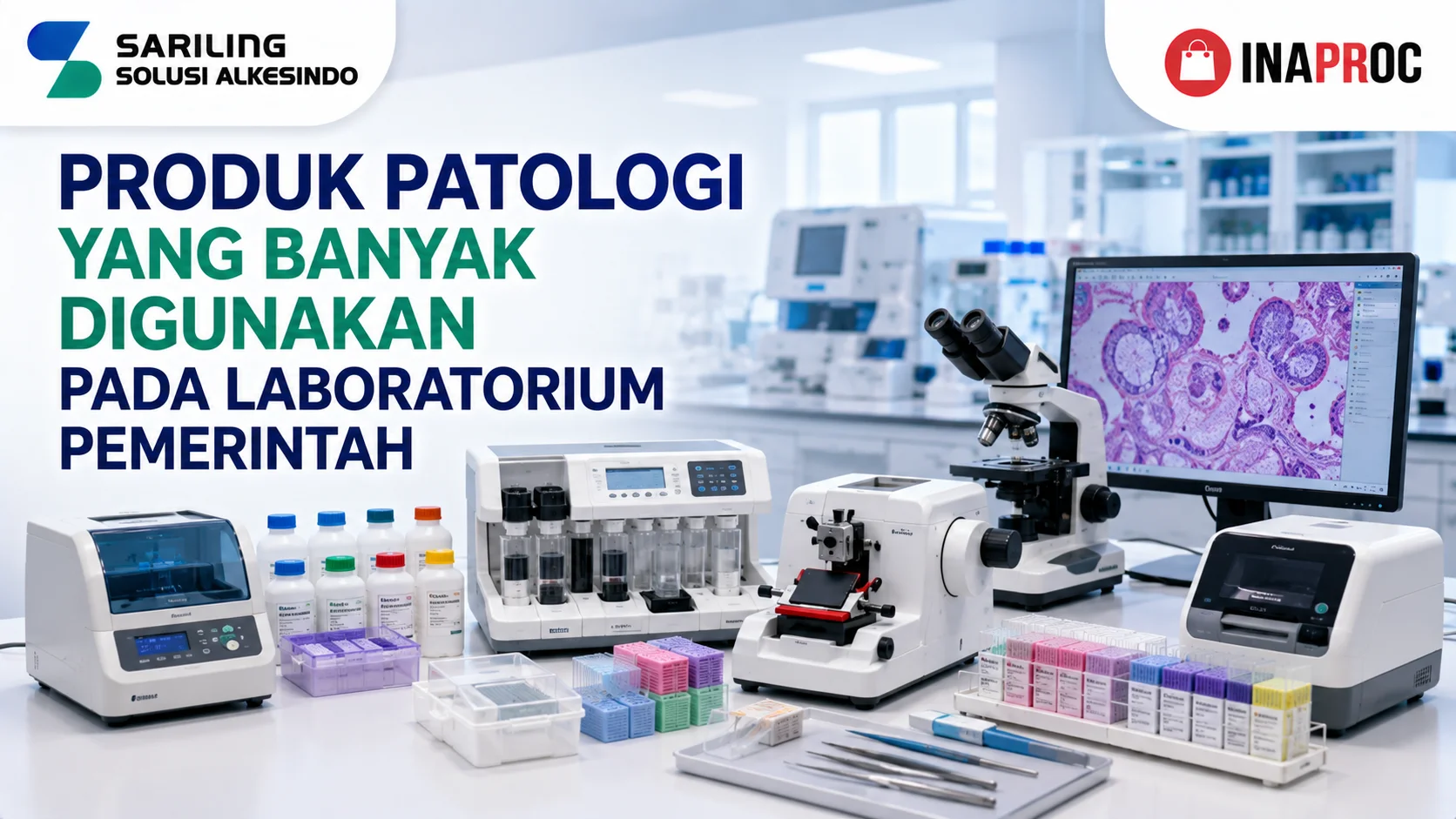 Produk Patologi yang Banyak Digunakan pada Laboratorium Pemerintah dengan ilustrasi peralatan patologi modern seperti mikroskop, tissue processor, microtome, slide scanner, reagen laboratorium, logo Sariling Solusi Alkesindo, dan logo Inaproc di laboratorium profesional.