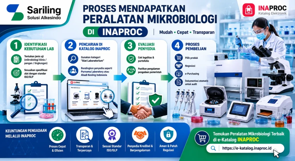 Proses mendapatkan peralatan mikrobiologi di Inaproc bersama Sariling Solusi Alkesindo mulai dari identifikasi kebutuhan laboratorium, pencarian produk di e-Katalog, evaluasi penyedia, hingga proses e-purchasing alat laboratorium mikrobiologi.