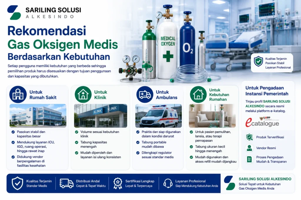 Rekomendasi gas oksigen medis berdasarkan kebutuhan untuk rumah sakit, klinik, ambulans, dan kebutuhan rumahan dengan pasokan stabil serta kualitas terjamin.
