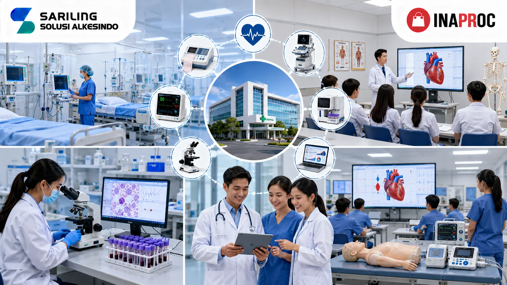Ilustrasi relevansi alat kesehatan untuk fasilitas kesehatan dan edukasi medis yang menampilkan rumah sakit modern, laboratorium diagnostik, ruang pelatihan medis, simulator pasien, peralatan diagnostik jantung, tenaga kesehatan, logo Sariling Solusi Alkesindo, dan logo Inaproc.