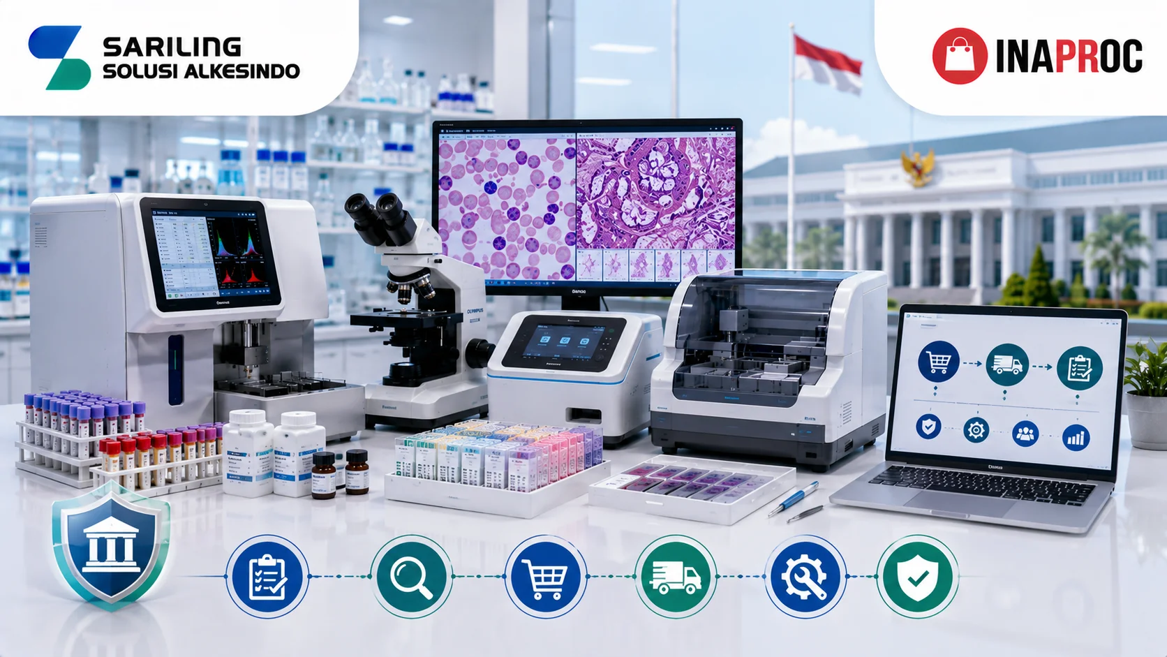 Ilustrasi solusi pengadaan peralatan hematologi dan patologi untuk instansi pemerintah dengan analyzer hematologi, mikroskop laboratorium, sistem patologi otomatis, reagen laboratorium, laptop pengadaan digital, logo Sariling Solusi Alkesindo, dan logo Inaproc