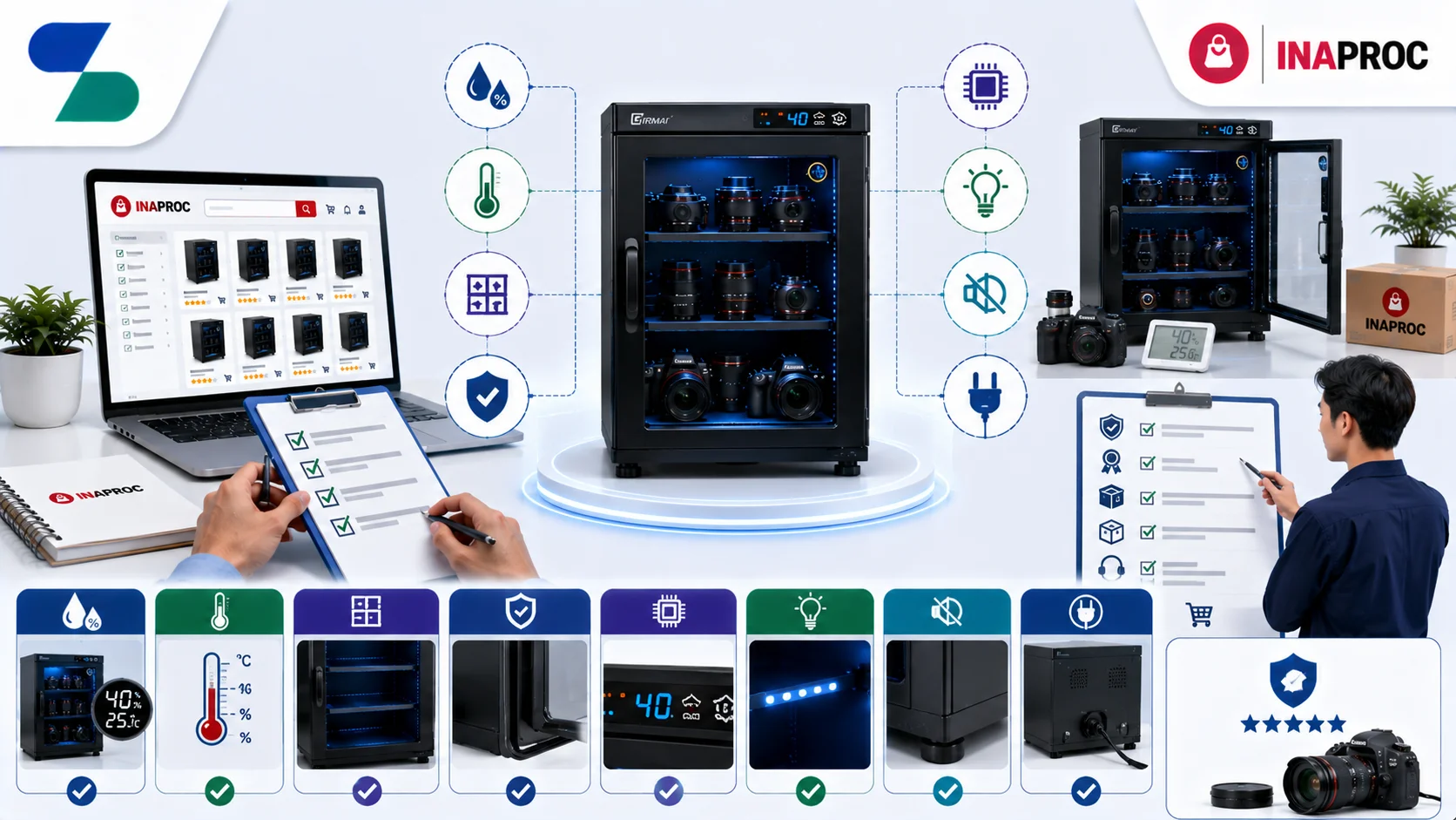Ilustrasi spesifikasi dry box yang perlu diperhatikan sebelum pengadaan, menampilkan dry box modern dengan kontrol kelembapan digital, kapasitas penyimpanan, suhu stabil, material berkualitas, pencahayaan LED, efisiensi energi, serta proses evaluasi produk melalui INAPROC