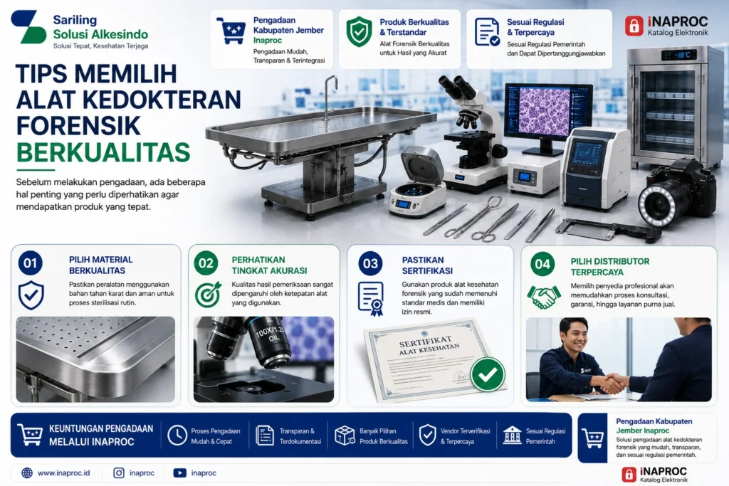 Tips memilih alat kedokteran forensik berkualitas untuk Pengadaan Kabupaten Jember Inaproc dengan memperhatikan material tahan karat, tingkat akurasi tinggi, sertifikasi alat kesehatan, dan distributor terpercaya dari Sariling Solusi Alkesindo.