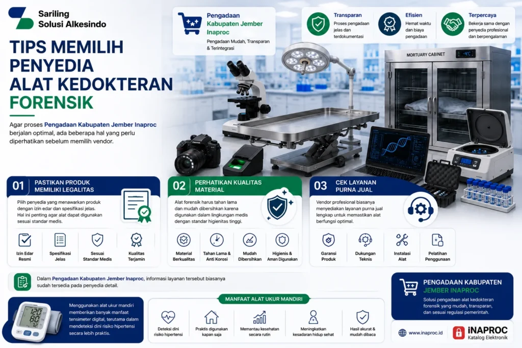 Tips memilih penyedia alat kedokteran forensik melalui Pengadaan Kabupaten Jember Inaproc dengan mempertimbangkan legalitas produk, kualitas material, garansi resmi, dukungan teknis, instalasi alat, dan pelatihan penggunaan dari Sariling Solusi Alkesindo.