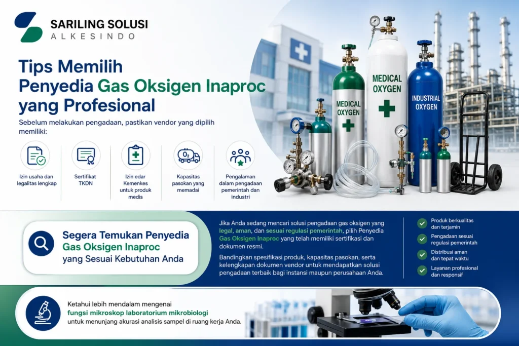 Tips memilih Penyedia Gas Oksigen Inaproc yang profesional dengan legalitas lengkap, sertifikat TKDN, izin edar Kemenkes, dan kapasitas pasokan yang memadai.