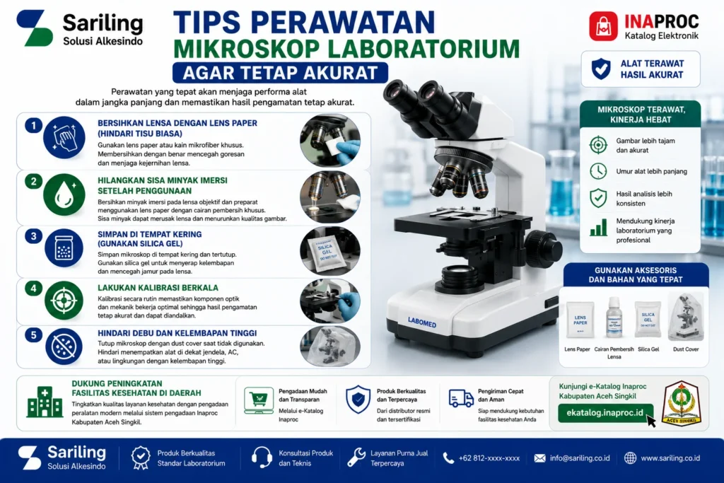 Tips perawatan mikroskop laboratorium agar tetap akurat meliputi pembersihan lensa menggunakan lens paper, menghilangkan sisa minyak imersi, penyimpanan dengan silica gel, kalibrasi berkala, serta perlindungan dari debu dan kelembapan tinggi untuk menjaga kualitas analisis mikrobiologi.