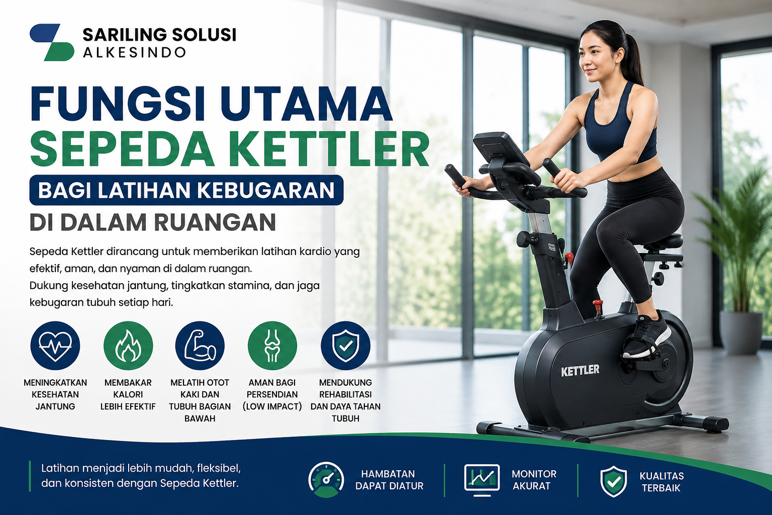 Fungsi sepeda Kettler sebagai alat latihan kebugaran di dalam ruangan untuk meningkatkan kesehatan jantung dan stamina.