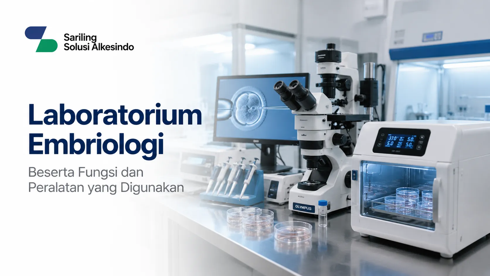Suasana laboratorium dengan mikroskop Olympus, inkubator mini berisi cawan petri, monitor komputer yang menampilkan pemindaian embrio, dan deretan pipet otomatis di atas meja kerja. Terdapat logo Sariling Solusi Alkesindo serta teks Laboratorium Embriologi Beserta Fungsi dan Peralatan yang Digunakan.