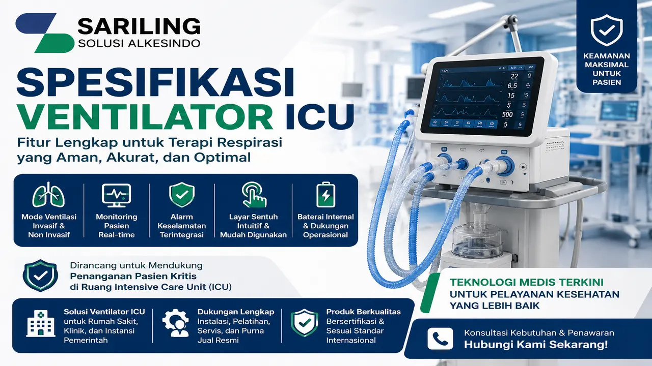 Spesifikasi ventilator ICU lengkap dari Sariling Solusi Alkesindo untuk pengadaan alat kesehatan rumah sakit dan instansi pemerintah.