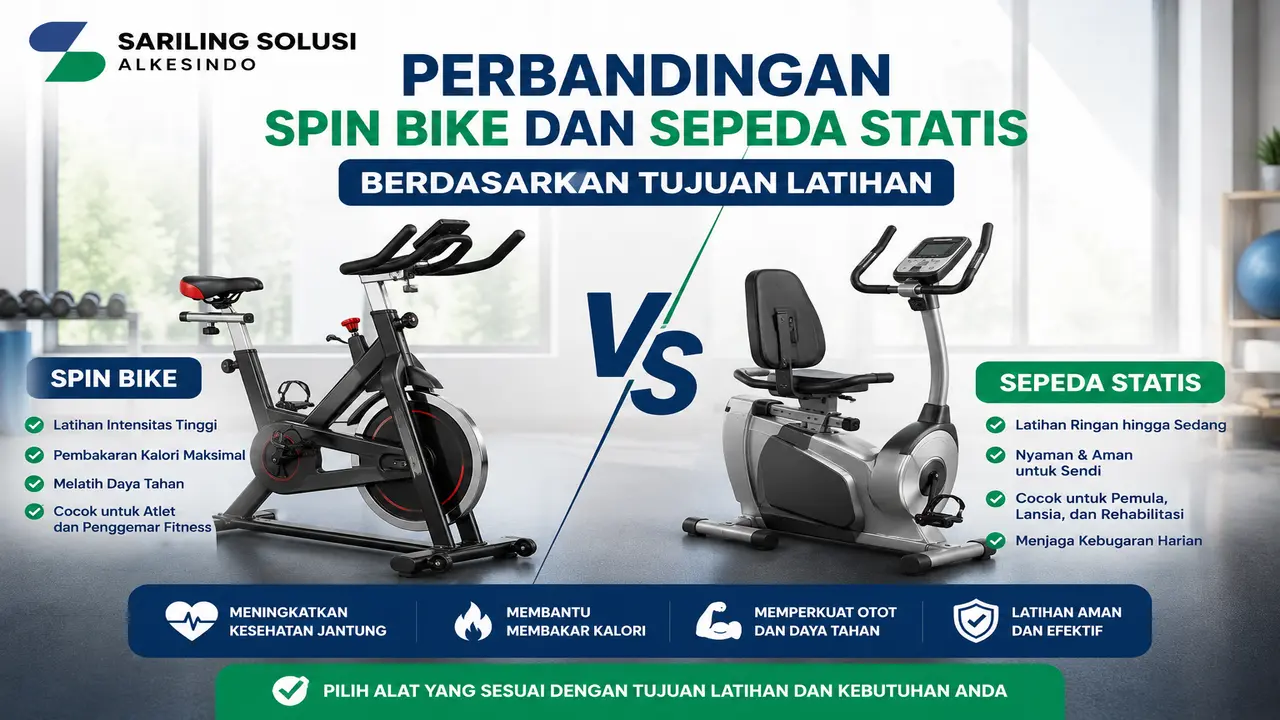 Perbandingan spin bike dan sepeda statis berdasarkan desain, fitur, dan tujuan latihan kebugaran dalam ruangan.