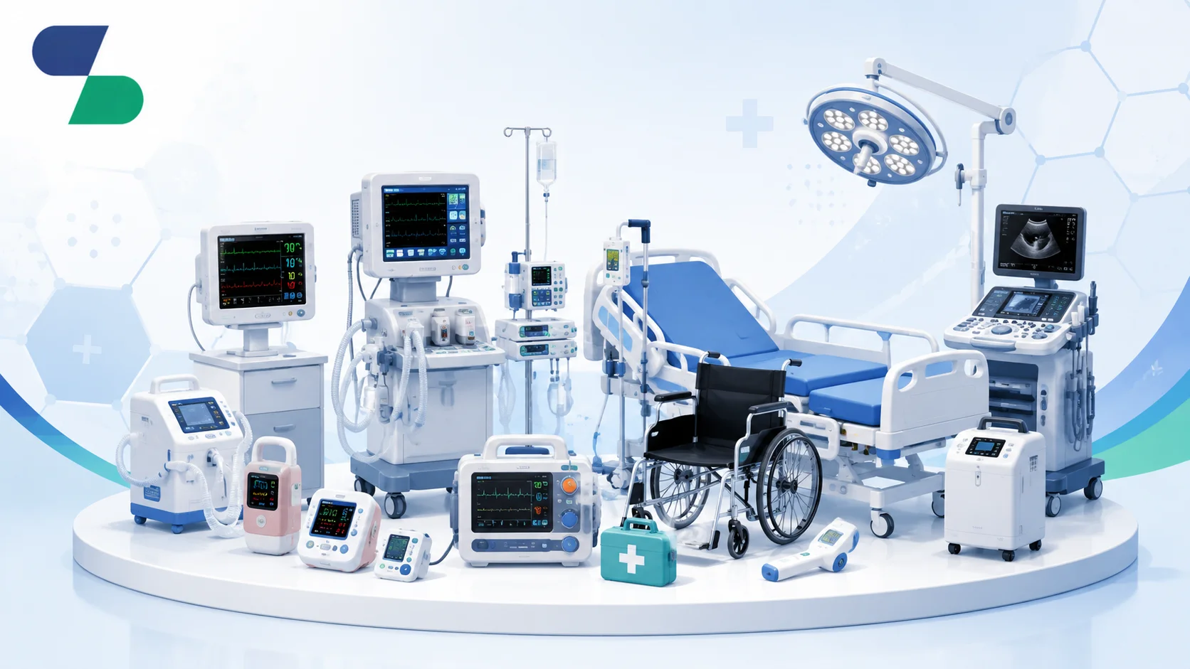 Ilustrasi berbagai alat kesehatan modern seperti monitor pasien, ventilator, mesin anestesi, USG, tempat tidur pasien, kursi roda, dan perangkat medis lainnya dengan logo Sariling Solusi Alkesindo di pojok kiri atas.