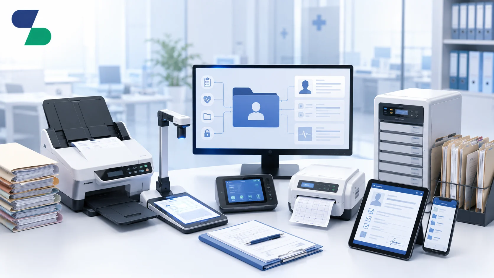 Ilustrasi alat perekam medis digital yang menampilkan perangkat pencetak rekam medis, scanner dokumen, monitor komputer, tablet, smartphone, serta sistem pengelolaan data pasien dengan logo Sariling Solusi Alkesindo di pojok kiri atas.