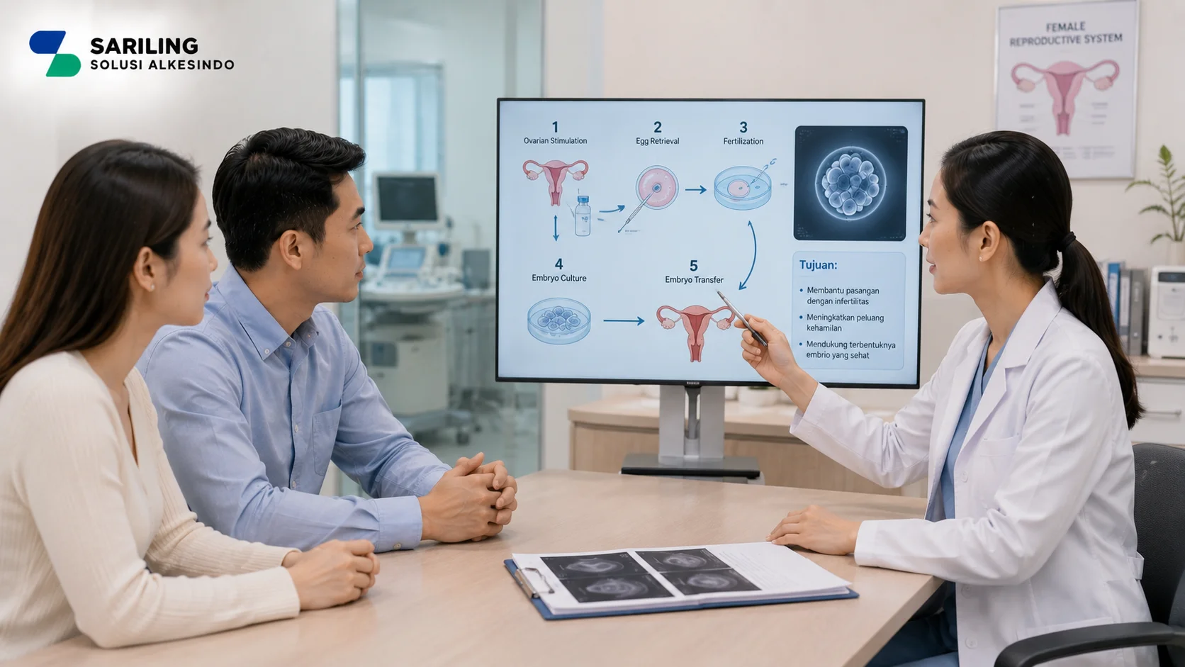 Ilustrasi apa itu IVF dan tujuannya dalam medis reproduksi yang menampilkan dokter menjelaskan proses fertilisasi in vitro kepada pasien