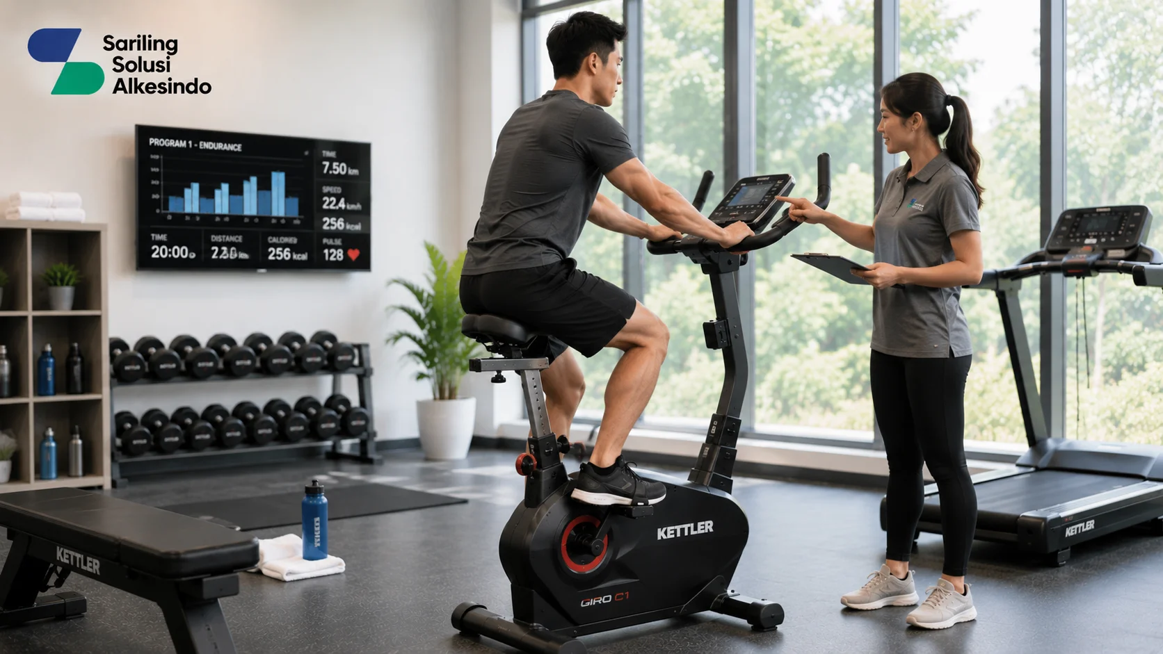 Ilustrasi program latihan sepeda Kettler yang menampilkan pengguna sedang berlatih menggunakan sepeda statis Kettler dengan pendampingan instruktur, monitor latihan kebugaran, perlengkapan gym modern, serta logo Sariling Solusi Alkesindo di pojok kiri atas.