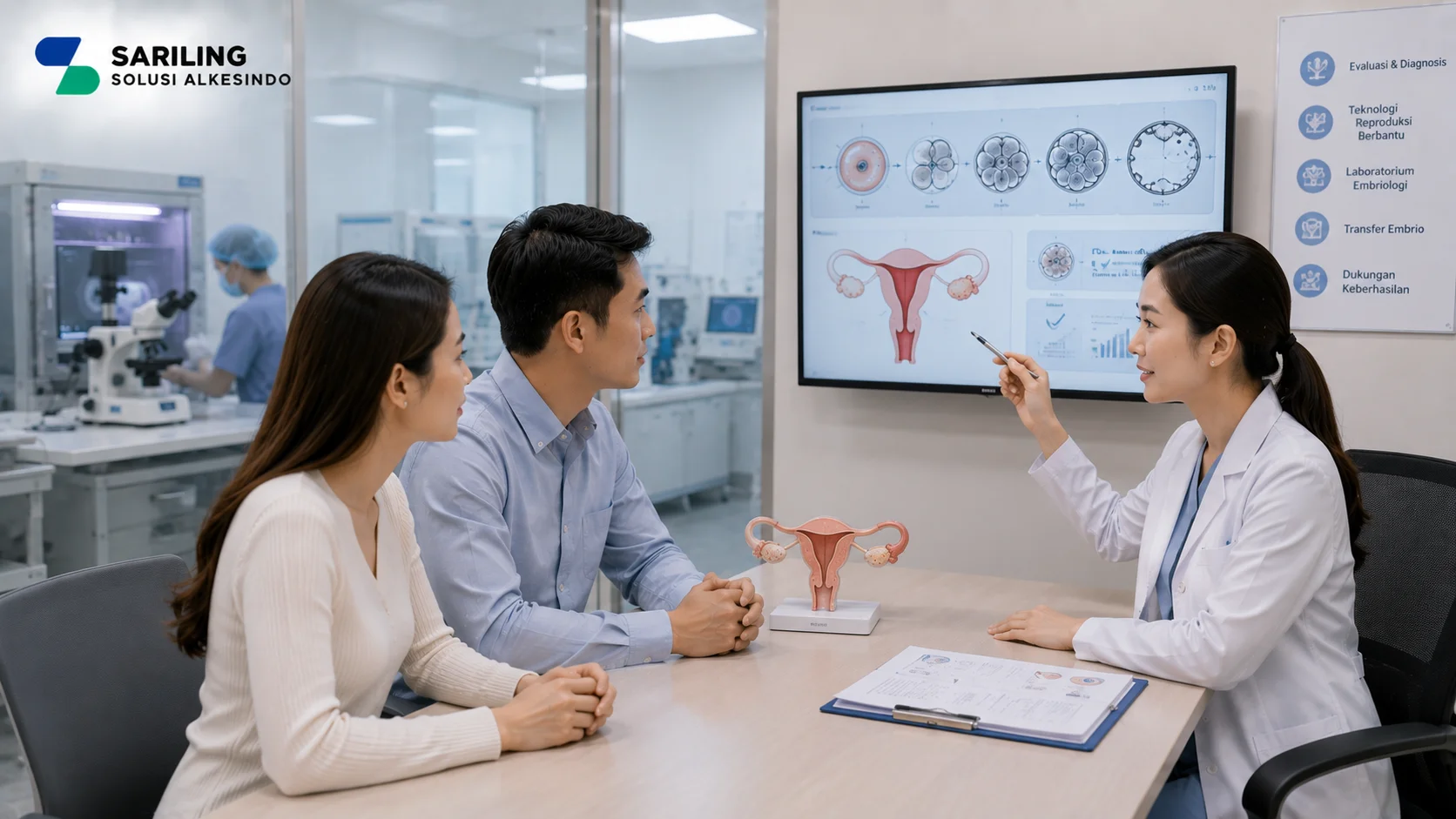 Ilustrasi apa itu teknologi reproduksi berbantu dan perannya di klinik fertilitas yang menampilkan dokter menjelaskan proses reproduksi berbantu kepada pasien di ruang konsultasi medis, dengan tampilan tahapan teknologi fertilitas, laboratorium embriologi, serta perangkat medis pendukung bersama Sariling Solusi Alkesindo.