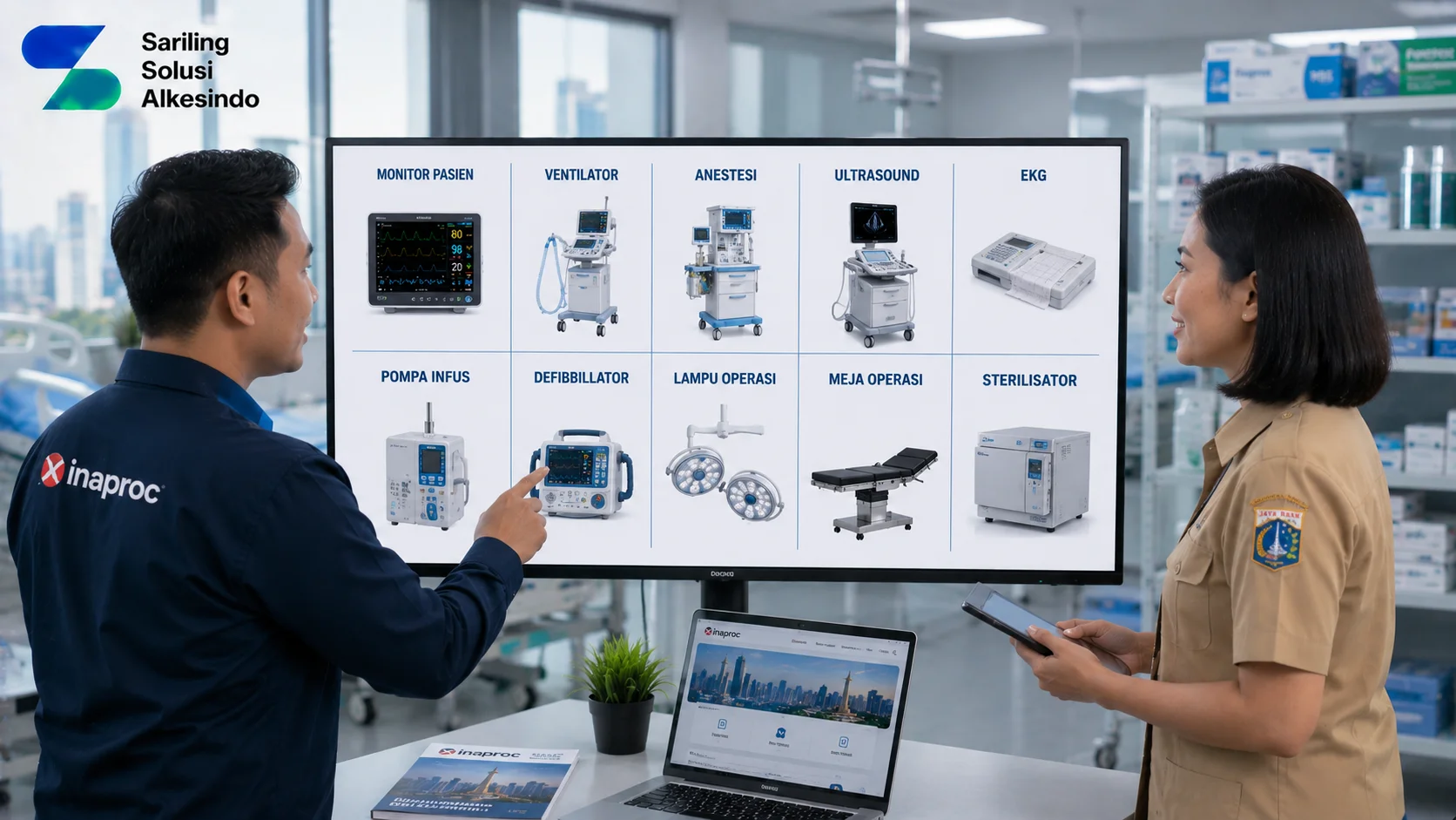 Ilustrasi beragam kategori peralatan medis yang dapat diadakan melalui Inaproc dengan tampilan ventilator, monitor pasien, alat anestesi, ultrasound, EKG, pompa infus, defibrillator, lampu operasi, meja operasi, dan sterilizer bersama logo Sariling Solusi Alkesindo.