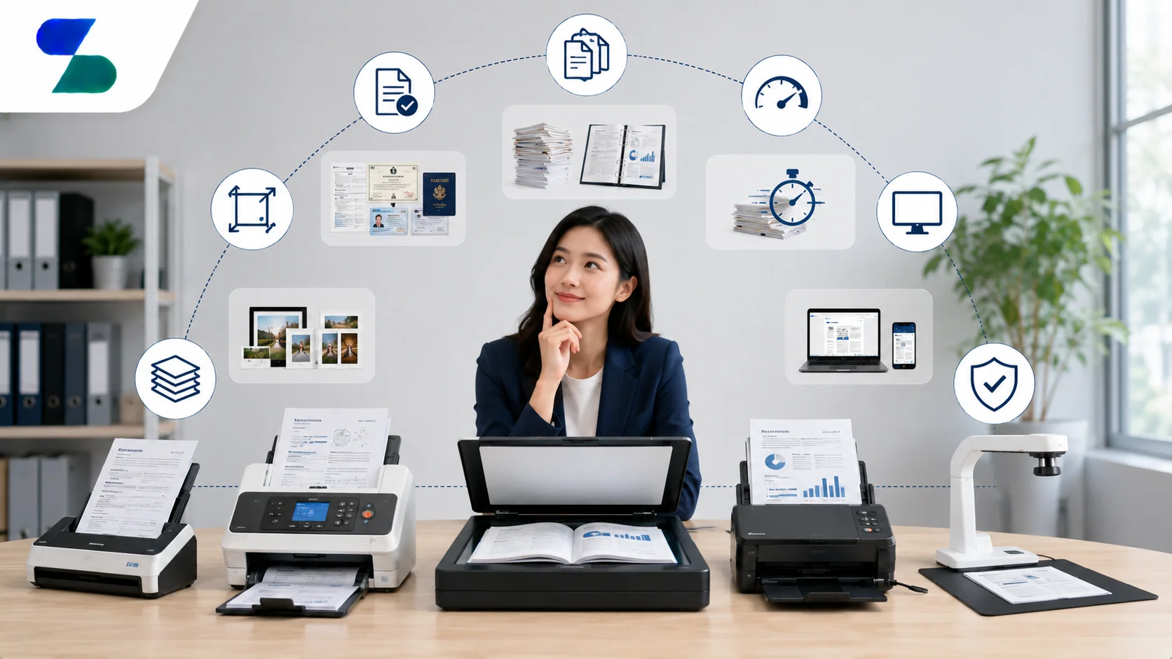 Ilustrasi berbagai jenis scanner dokumen di lingkungan kantor modern untuk membantu memilih perangkat yang sesuai kebutuhan digitalisasi dokumen, seperti flatbed scanner, document scanner ADF, dan overhead scanner, dengan logo Sariling Solusi Alkesindo di pojok kiri atas.