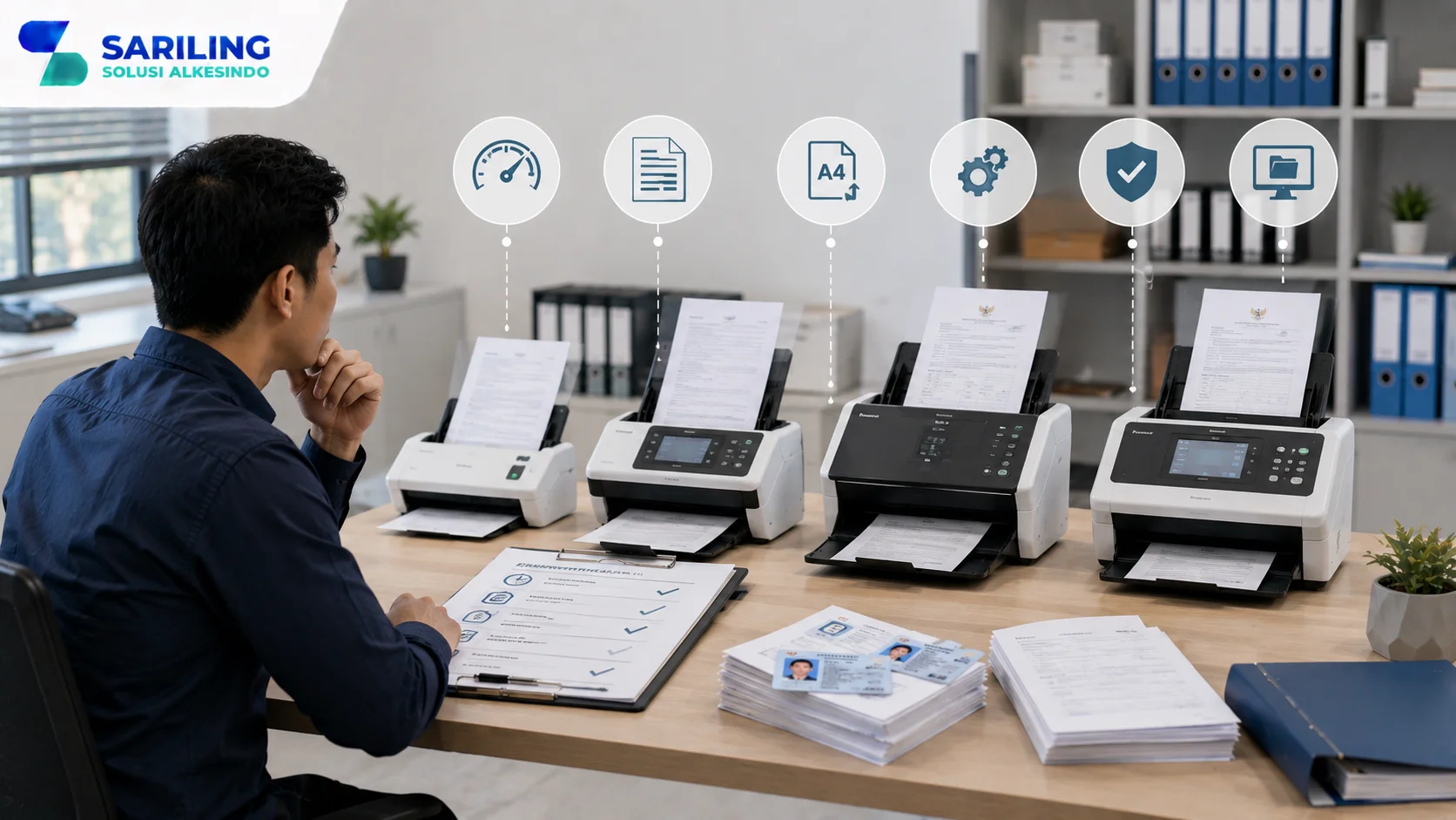 Foto realistis profesional yang menampilkan berbagai jenis scanner dokumen untuk digitalisasi dokumen kependudukan, dengan seorang staf membandingkan fitur scanner berdasarkan kecepatan, ukuran dokumen, keamanan, dan kompatibilitas sistem di lingkungan kantor modern, lengkap dengan logo Sariling Solusi Alkesindo di pojok kiri atas.
