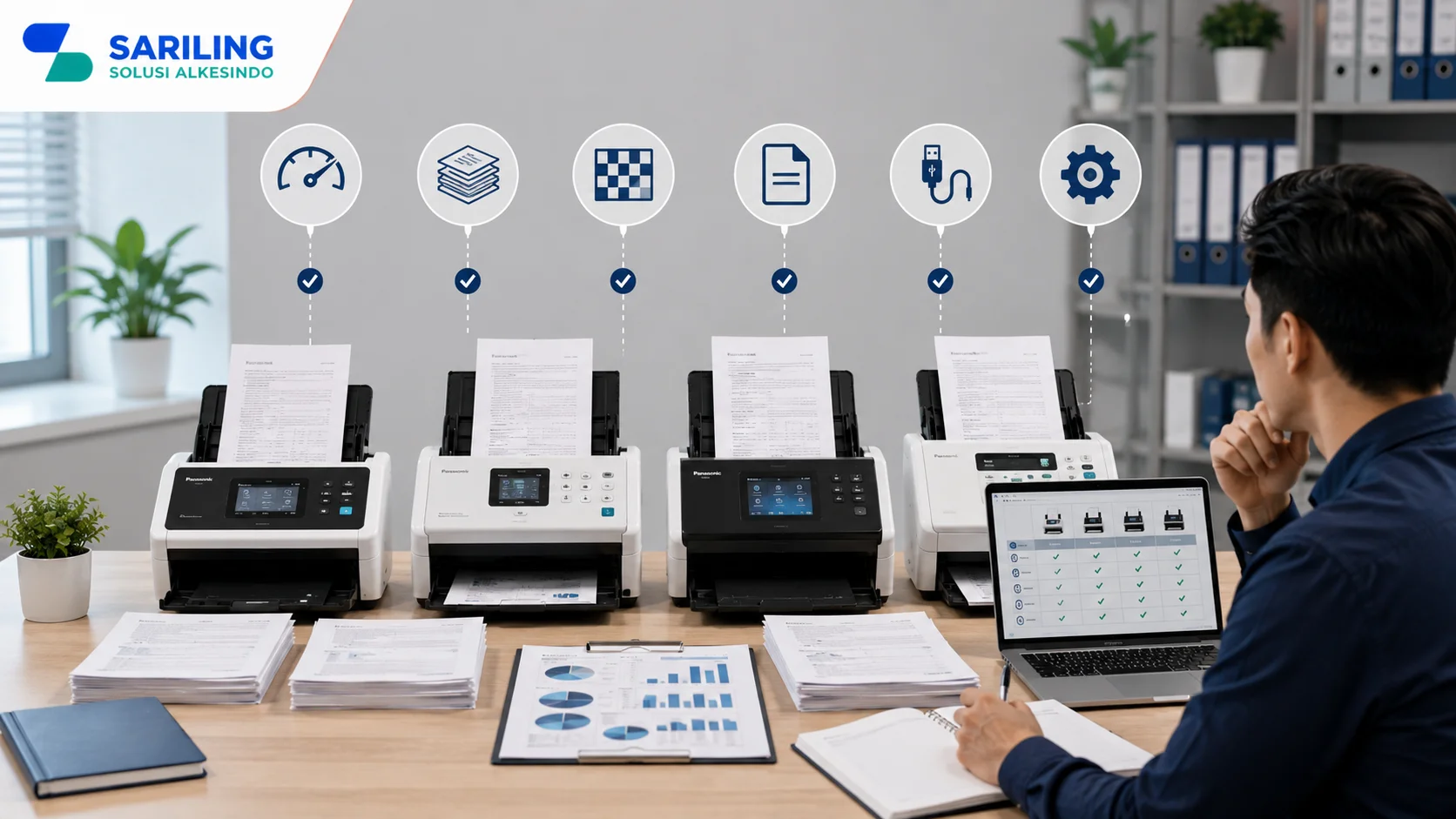 Foto realistis profesional yang menampilkan beberapa scanner dokumen dengan spesifikasi berbeda, seorang staf membandingkan fitur melalui laptop dan dokumen evaluasi, serta ilustrasi indikator kecepatan, kapasitas ADF, resolusi, konektivitas, dan kompatibilitas di kantor modern, lengkap dengan logo Sariling Solusi Alkesindo di pojok kiri atas.