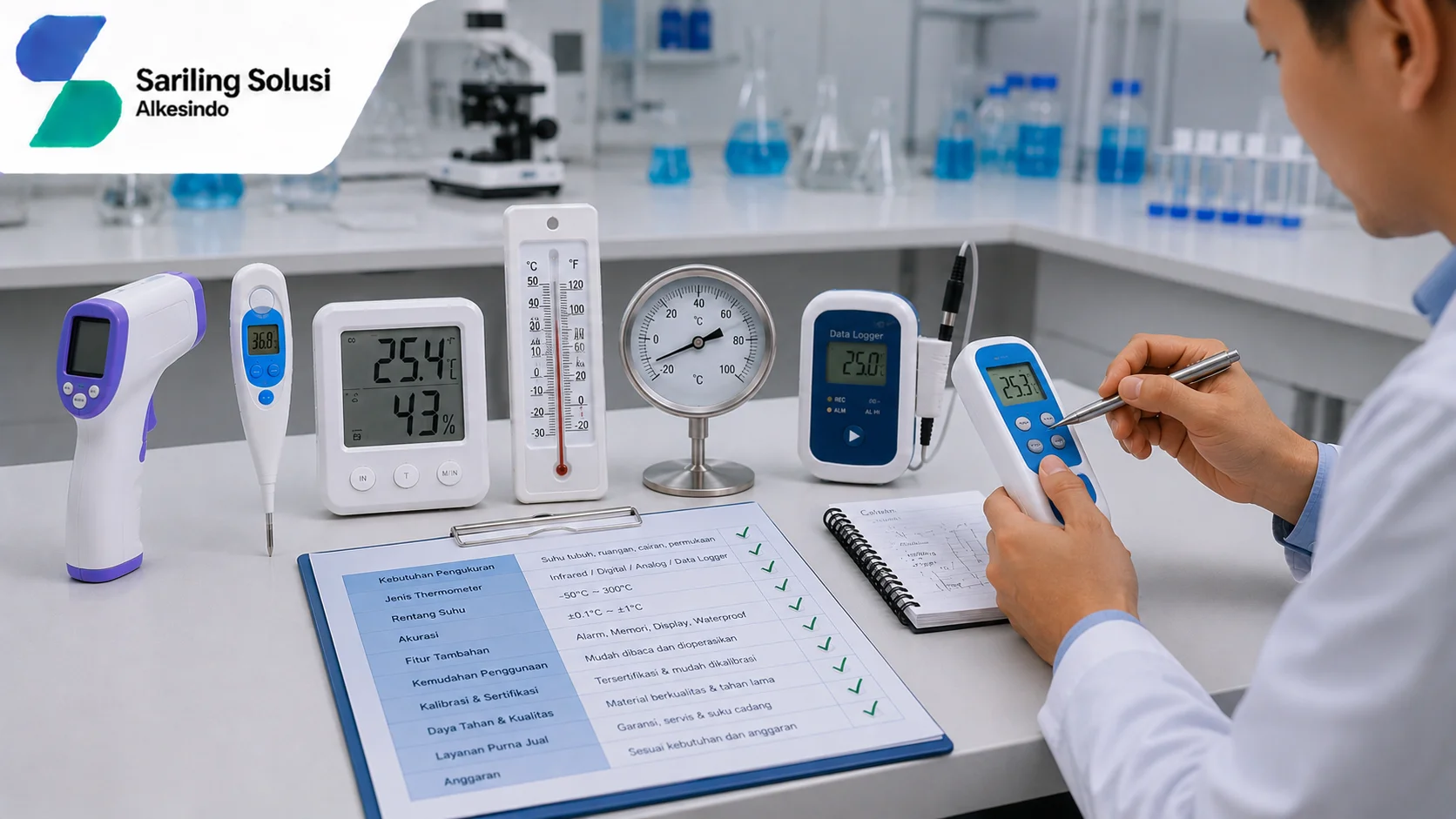 Ilustrasi cara memilih thermometer sesuai kebutuhan yang menampilkan berbagai jenis thermometer seperti infrared