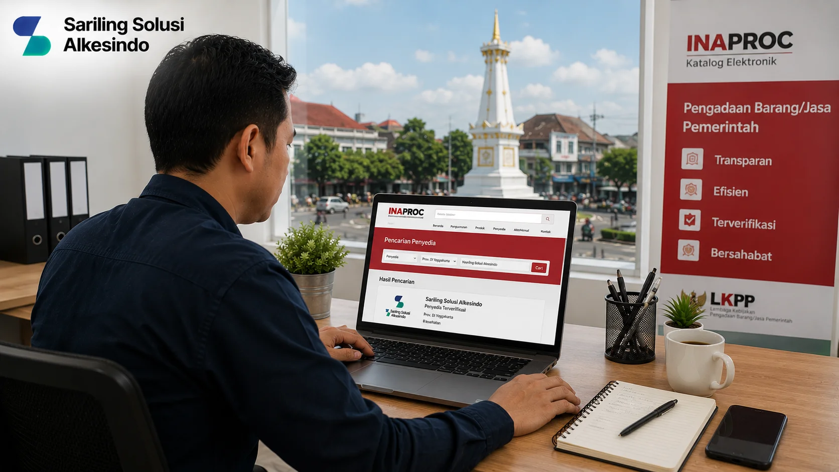 Ilustrasi cara menemukan Sariling Solusi Alkesindo di Pengadaan Inaproc Provinsi Yogyakarta yang menampilkan proses pencarian penyedia melalui platform katalog