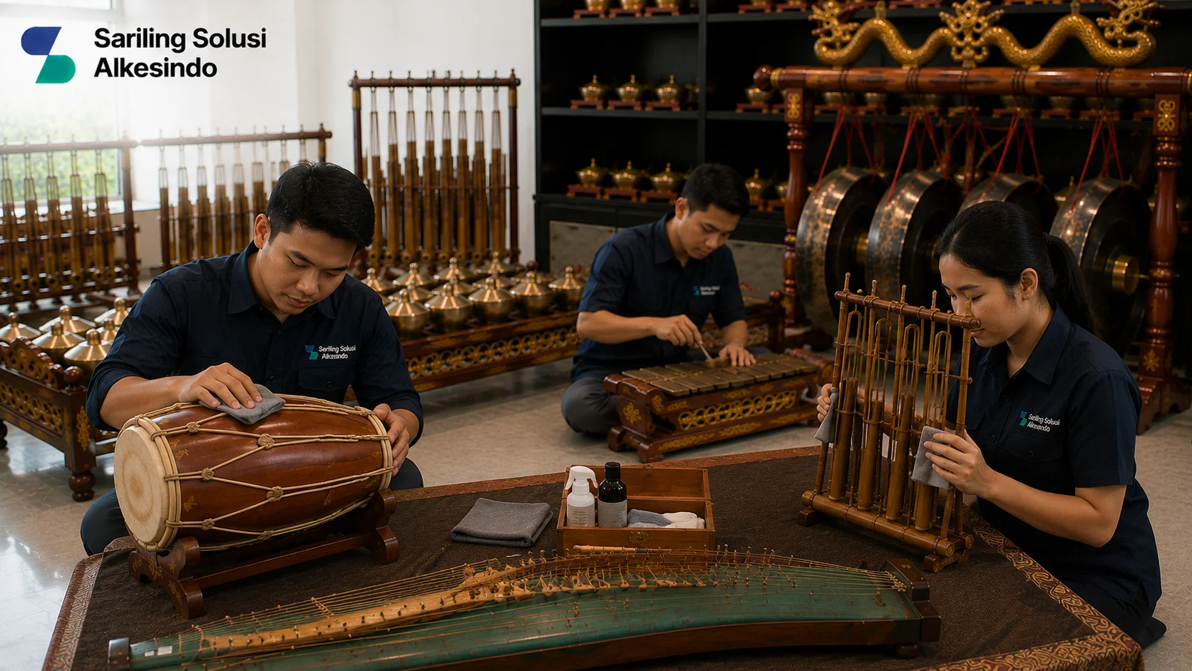 Ilustrasi cara menjaga dan melestarikan alat musik tradisional yang menampilkan proses perawatan, pembersihan, dan pemeliharaan instrumen seperti kendang, angklung, dan gamelan dengan logo Sariling Solusi Alkesindo.
