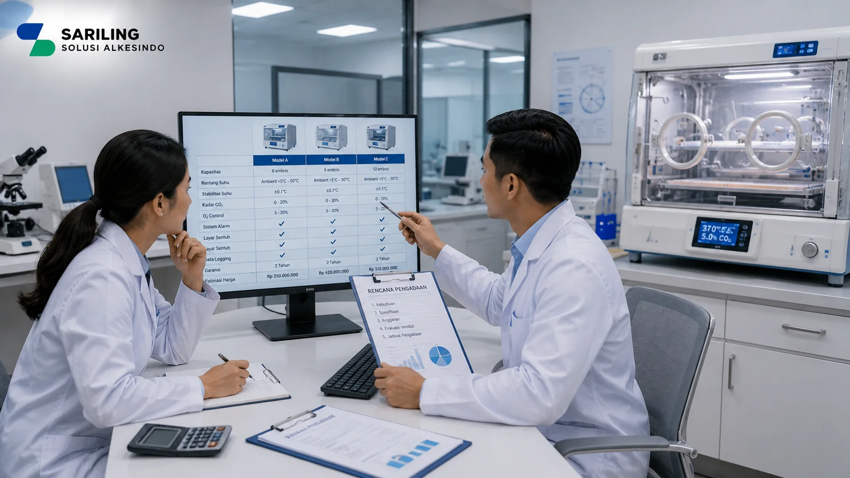 Ilustrasi mencari tahu harga inkubator embrio sebelum membeli yang menampilkan tenaga medis dan tim pengadaan melakukan perbandingan spesifikasi serta harga perangkat inkubator embrio di laboratorium modern, dengan mempertimbangkan kapasitas, teknologi, fitur, kualitas, dan kebutuhan fasilitas kesehatan bersama Sariling Solusi Alkesindo.