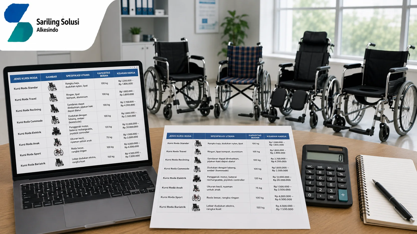 Ilustrasi daftar harga kursi roda berdasarkan jenis yang menampilkan berbagai tipe kursi roda pasien seperti kursi roda standar, travel, reclining, commode, elektrik, anak, sport, dan bariatrik, dilengkapi tabel harga, spesifikasi utama, kapasitas beban, serta katalog produk bersama Sariling Solusi Alkesindo.